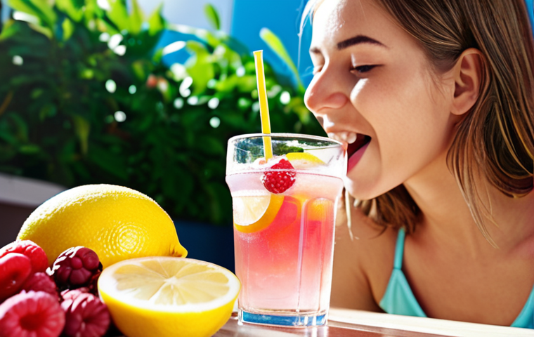 **

Prompt: "A vibrant and refreshing scene showcasing healthy alternatives to sugary drinks. Focus on a person happily drinking infused water with fruit slices (lemon, berries), alongside a glass of unsweetened iced tea. In the background, blur out images of soda and sugary beverages to emphasize the contrast. The overall mood is bright, energetic, and promoting hydration."

**